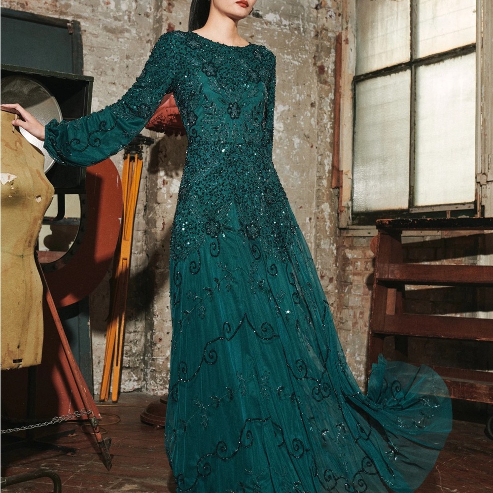 Embellished Teal Maxi Dress with Long Sleeves